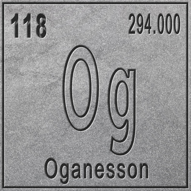 Химический элемент Оганесона, знак с атомным номером и атомным весом, элемент периодической таблицы, серебряный фон
