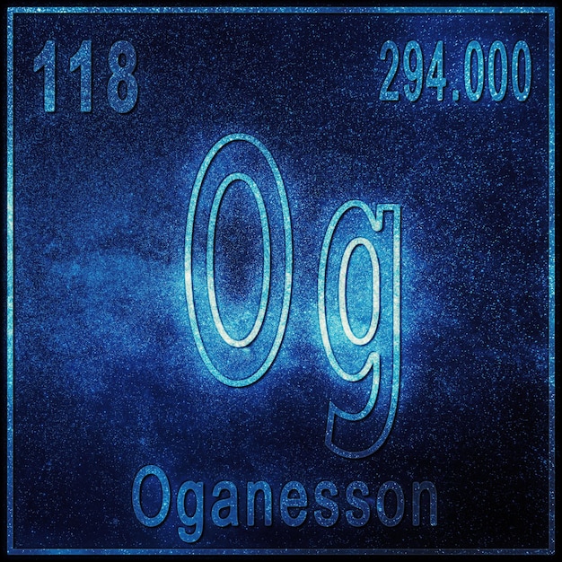 Foto elemento chimico oganesson, segno con numero atomico e peso atomico, elemento tavola periodica