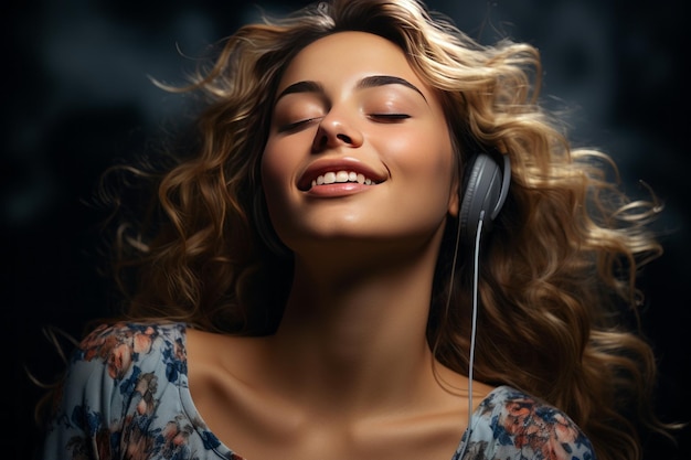 Ogen genieten van haar favoriete melodieën door middel van koptelefoon op een grijze achtergrond Generatieve AI