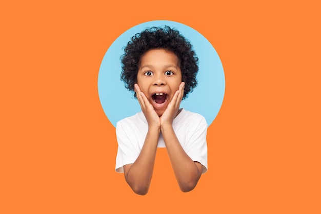 Oh mijn god, wauw. Portret van een verbaasde jongen die naar de camera kijkt met een geschokte uitdrukking en zijn handen op zijn gezicht houdt, schreeuwend van verbazing. indoor studio-opname geïsoleerd in een rond gat op oranje achtergrond