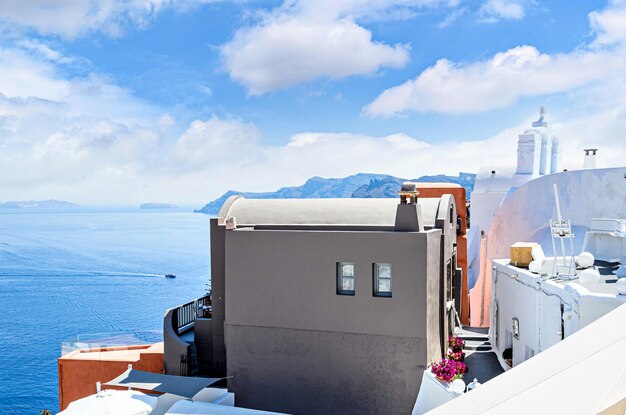 Oia, Santorini, views of the white houses with their cobbled streets. Aegean Sea, Cyclades, Greece.