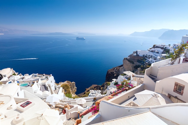 Oia town cityscape at Santorini island in Greece Traditional white houses Greece Aegean sea Famous European destination