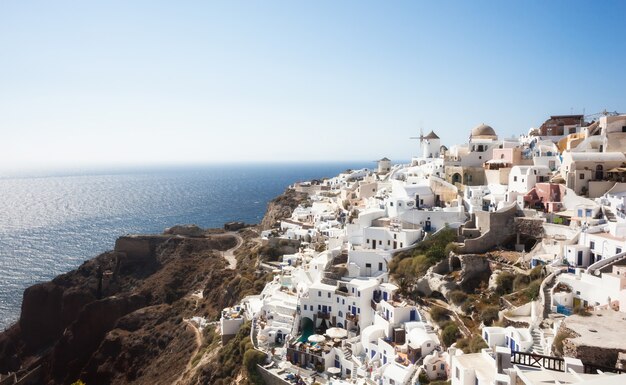 Oia village, Santorini, view with windmills