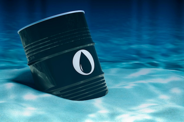 Oil barrel on ocean bottom underwater 3D rendering