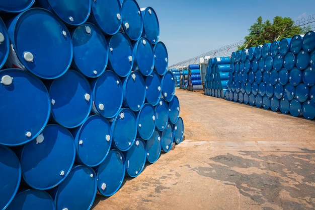 Oil barrels blue or chemical drums horizontal stacked