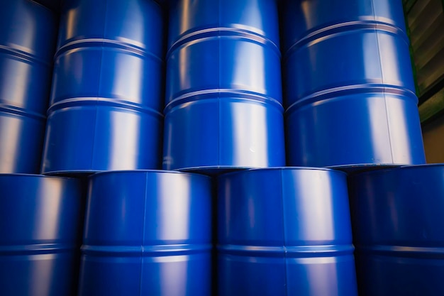 Oil barrels blue or chemical drums vertical stacked