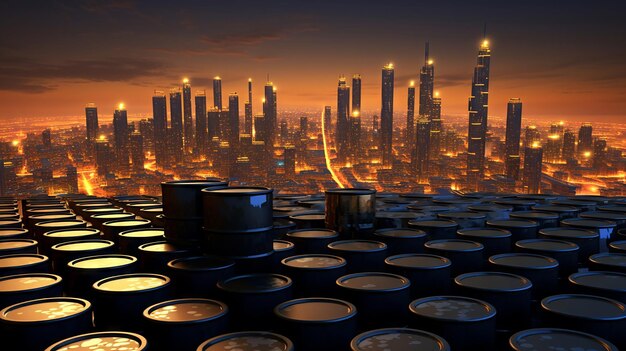 Photo oil barrels and coin stacks cityscape