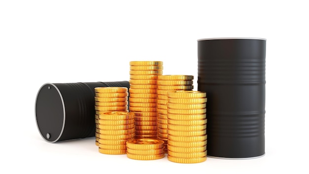 Oil barrels and dollar coin money oil market business petroleum oil industry 3D rendering