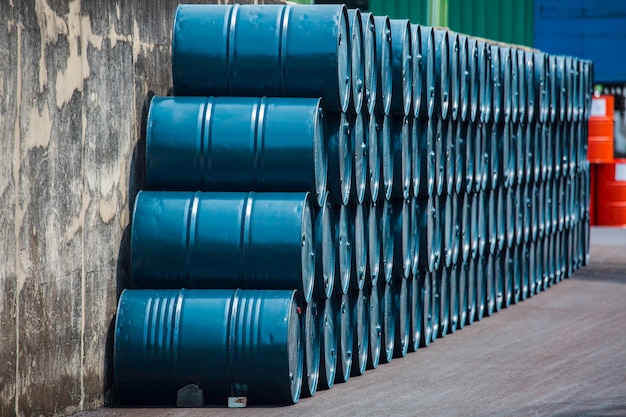 Oil barrels green or chemical drums horizontal stacked up