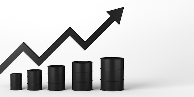 Oil barrels growing and upward arrow Rising crude oil price Market instability and volatility