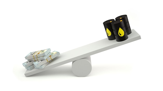 Oil barrels and money on a balance scale. 