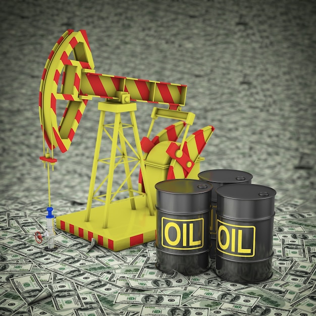Barili di petrolio e pompe sullo sfondo di dollari sparsi. rappresentazione 3d.