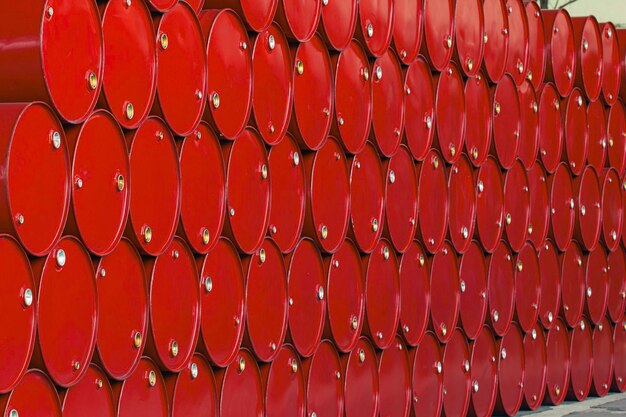 Oil barrels red or chemical drums stacked up