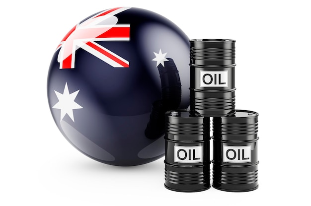 Photo oil barrels with australian flag oil production or trade in australia concept 3d rendering isolated on white background