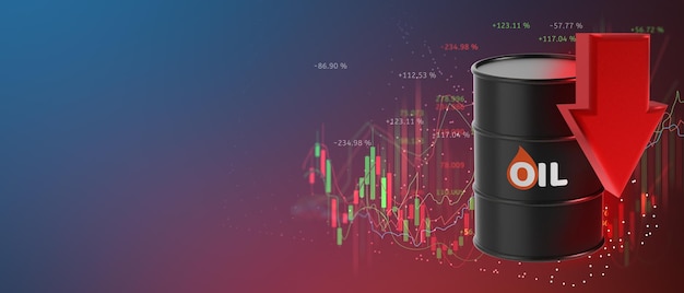 Foto barili di petrolio con un grafico di crescita nel mercato degli investimenti e frecce commerciali verso il basso con l'illustrazione 3d del business dei dati