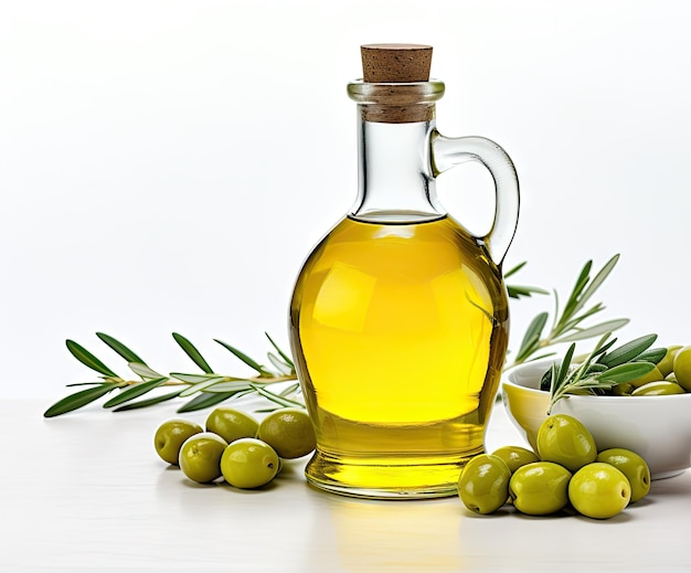 Oil bottle and ripe olives on white background
