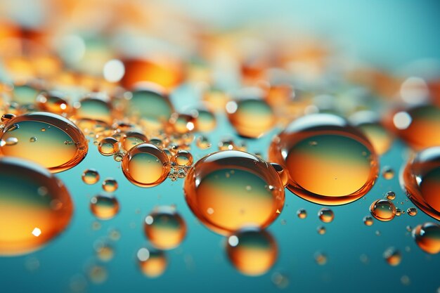 Oil bubbles in water on blue background 3d illustration Macro