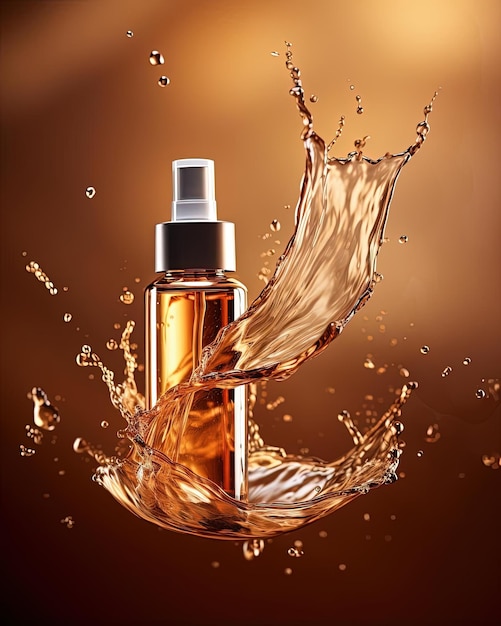 oil in cosmetic bottle and splash on brown background