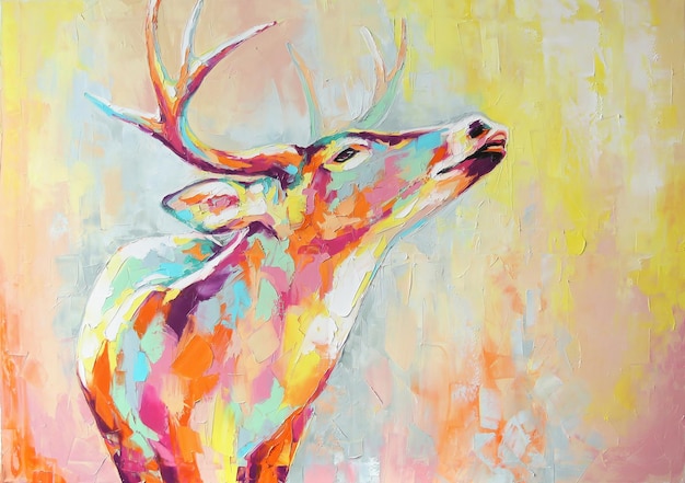 Oil deer portrait painting in multicolored tones Closeup painting by oil and palette knife on canvas Conceptual abstract painting of a deer muzzle