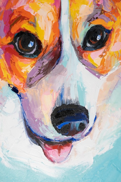 Oil dogs portrait painting in multicolored tones Conceptual abstract painting of a welsh corgi pembroke muzzle