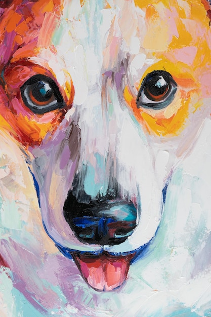 oil dogs portrait painting in multicolored tones conceptual abstract painting of a welsh corgi pembroke muzzle