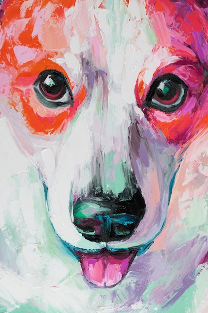 oil dogs portrait painting in multicolored tones conceptual abstract painting of a welsh corgi pembroke muzzle