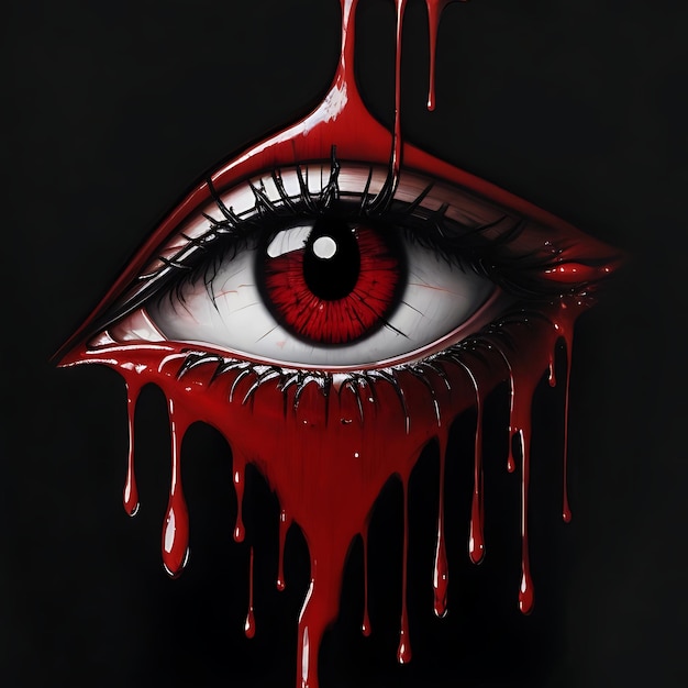 Photo oil drawing one eye crying blood drawed on a blank black background ai