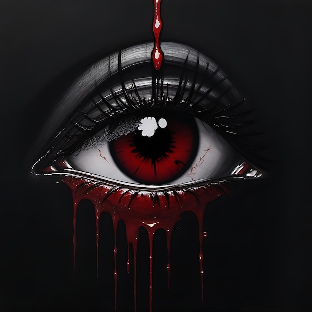 Photo oil drawing one eye crying blood drawed on a blank black background ai