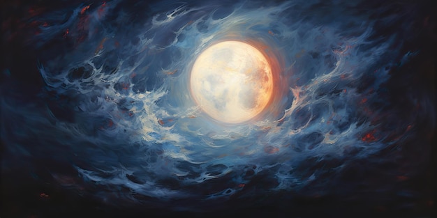 天空の月を描いた油絵画 濃い青色の絵画画画