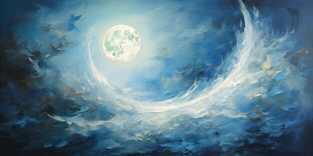 Oil drawing painting of a moon in the sky Graphic art canvas in dark blue colors illustration