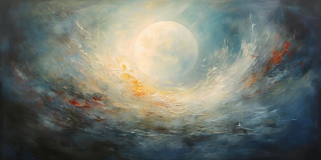 写真 天空の月を描いた油絵画 濃い青色の絵画画画