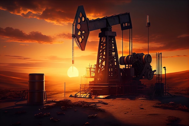 Oil drilling derricks at desert oilfield for fossil fuels output and crude oil production from the ground Oil drill rig and pump jack Turning valve and pipelines