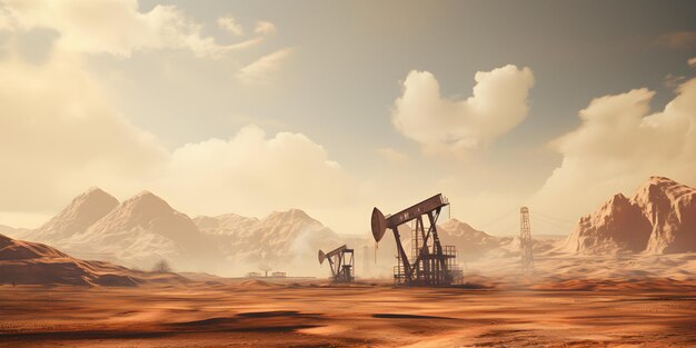 Oil drilling rigs extracting resources in desert field amid fluctuating prices Concept Oil Drilling Desert Landscapes Resource Extraction Price Fluctuations Energy Industry