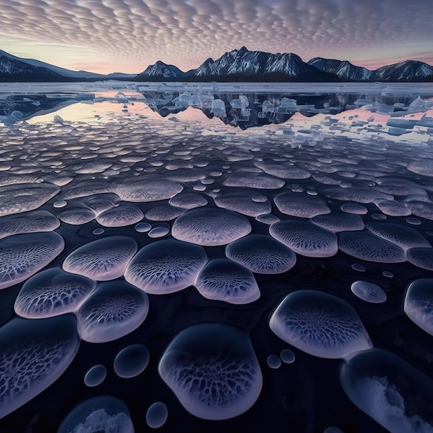 Oil drops on the water surface of a frozen lake