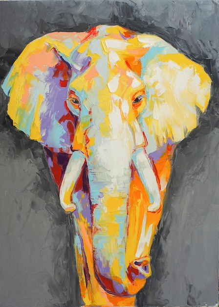 Photo oil elephant portrait painting in multicolored tones conceptual abstract painting of a elephant on the black background on canvas