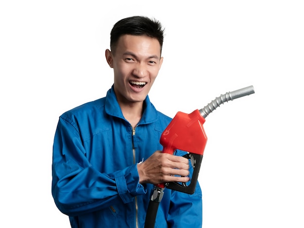 Oil engineer man holding Fuel Oil Nozzle for Oil System Gasohol 91.