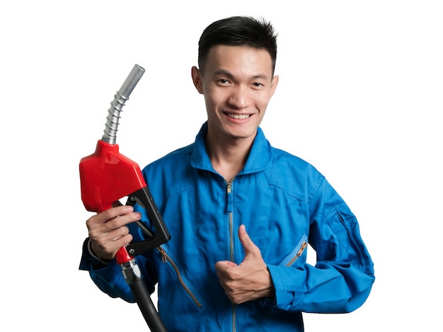 Oil engineer man holding Fuel Oil Nozzle for Oil System Gasohol 91.