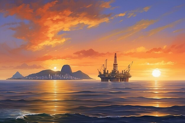 Photo oil exploration rig at sunset on the sea