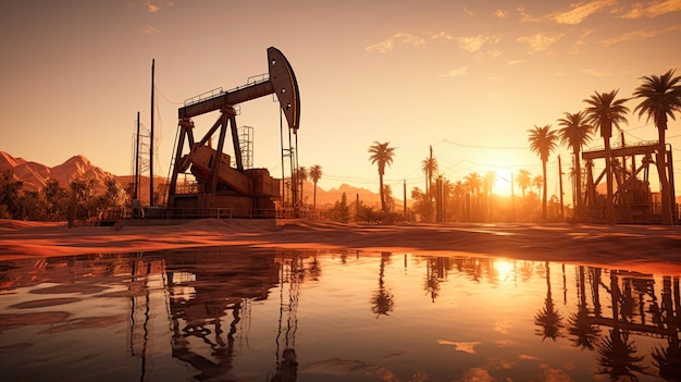 Oil field oil pumps work in the evening Oil pump and beautiful sunset reflected in the water silhouette of a beam pumping plant in the evening