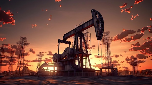 Oil field site in the evening oil pumps are running Generative AI