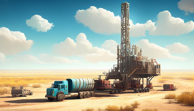 An oil field where oil workers toil in broad open fields beneath the hot sun Hard laborer on an oil rig covered in sweat and filth There are vast oil fields as far as the eye can see Generative AI