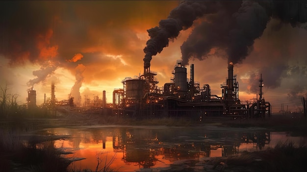 an oil and gas company emits smoke with many chimneys in the style of dystopian cityscapes