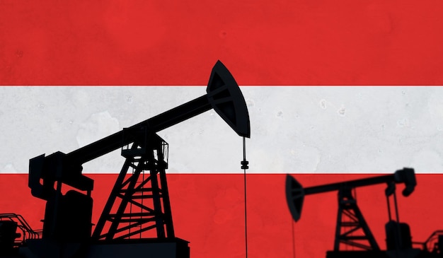 オーストリアの旗dレンダリングに対する石油およびガス産業の背景オイルポンプのシルエット
