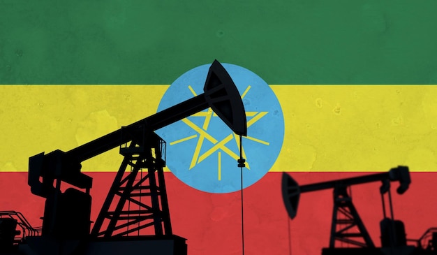 Oil and gas industry background oil pump silhouette against ethiopia flag d rendering