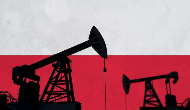 Oil and gas industry background oil pump silhouette against poland flag d rendering