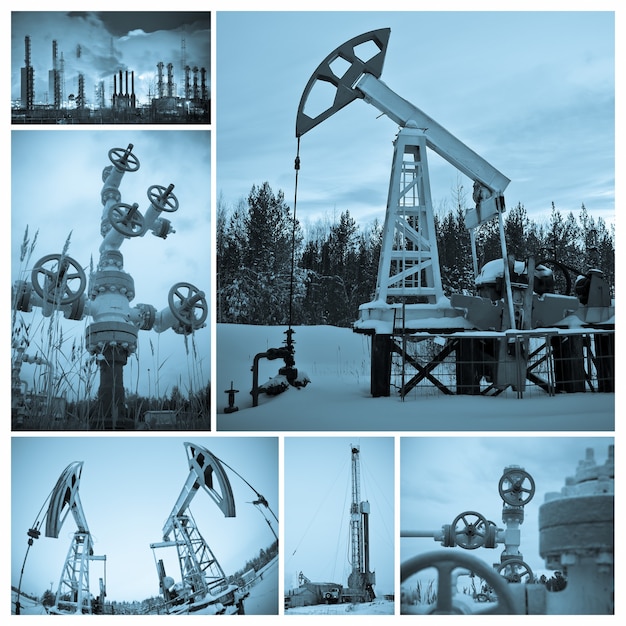 Oil and gas industry. Collage, monochrome, toned blue.