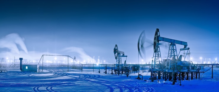 Photo oil and gas industry. panoramic of a pumpjack and oil refinery in the winter with snow. night view.