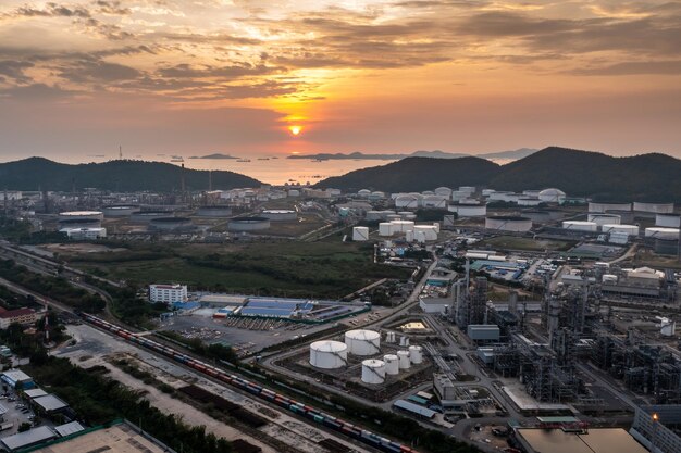 Oil and gas industry refinery from drone camera Oil refinery and Petrochemical plant at twilight