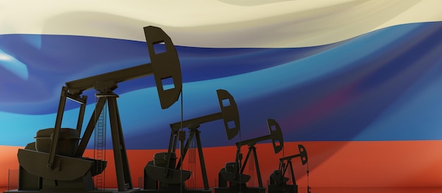 Oil and gas industry in Russia Pumpjack drilling on flag background 3d render