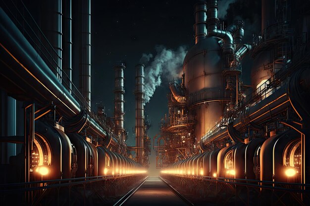 Oil and gas pipelines at night in factory of refinery complex created with generative ai